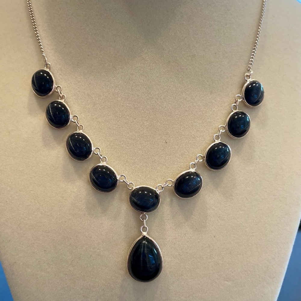 16” Silver and Black Falcon Eye necklace.